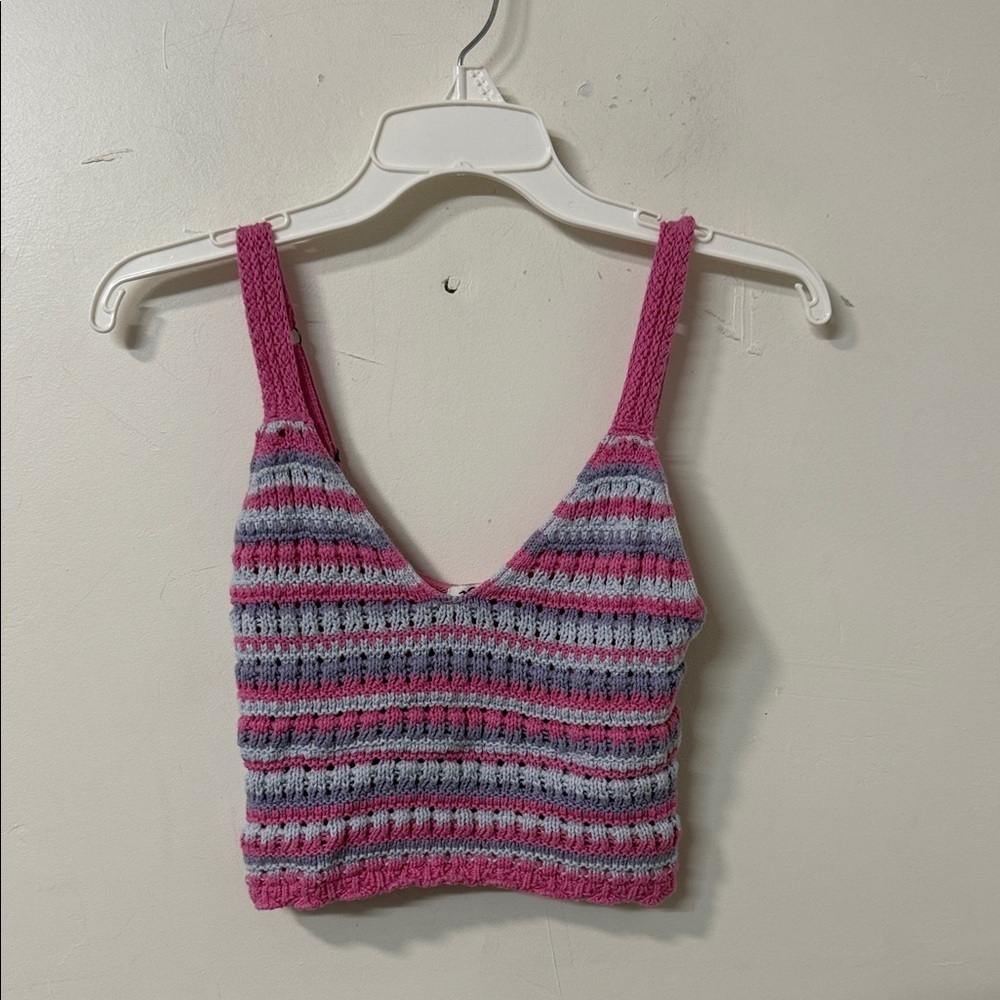 Hollister Pink and Gray Striped Knit Top